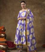 Meraki egg printed lavender muslin anarkali set with organza dupatta