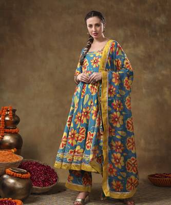 Meraki yellow flower blue muslin anarkali set with organza dupatta 1