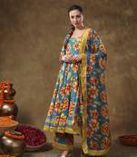 Meraki yellow flower blue muslin anarkali set with organza dupatta