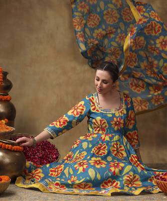 Meraki yellow flower blue muslin anarkali set with organza dupatta 2