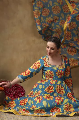 Meraki yellow flower blue muslin anarkali set with organza dupatta