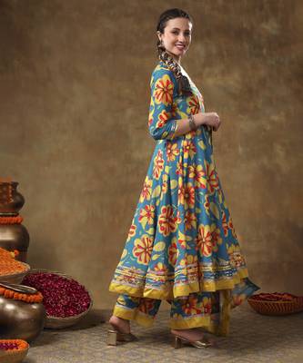 Meraki yellow flower blue muslin anarkali set with organza dupatta 3