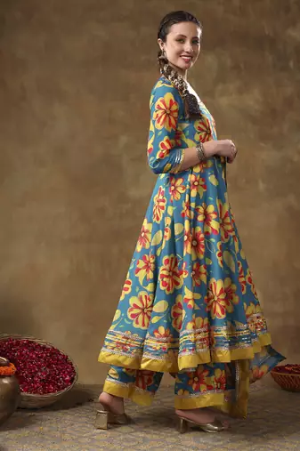 Meraki yellow flower blue muslin anarkali set with organza dupatta