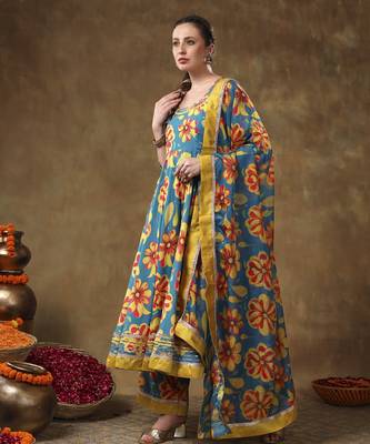 Meraki yellow flower blue muslin anarkali set with organza dupatta 4