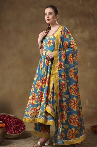 Meraki yellow flower blue muslin anarkali set with organza dupatta