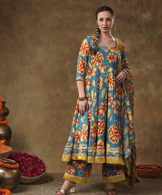 Meraki yellow flower blue muslin anarkali set with organza dupatta 5