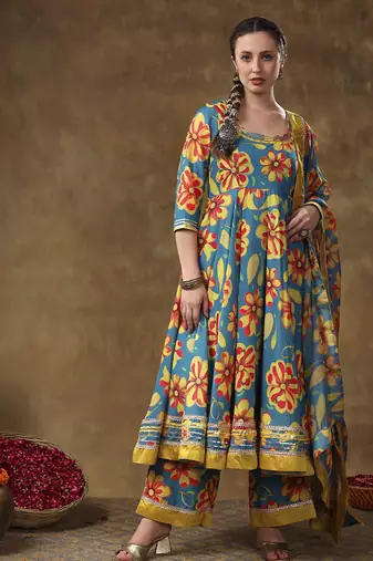 Meraki yellow flower blue muslin anarkali set with organza dupatta