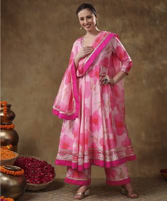 Meraki falak pink floral gotta lace work muslin anarkali with organza dupatta 1