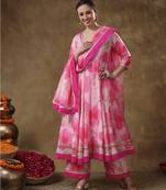 Meraki falak pink floral gotta lace work muslin anarkali with organza dupatta