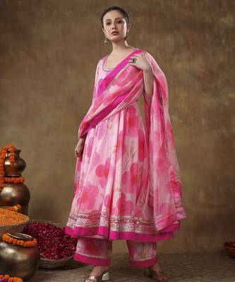Meraki falak pink floral gotta lace work muslin anarkali with organza dupatta 2