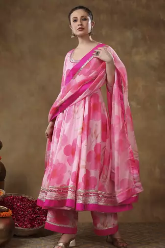 Meraki falak pink floral gotta lace work muslin anarkali with organza dupatta