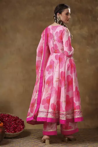Meraki falak pink floral gotta lace work muslin anarkali with organza dupatta
