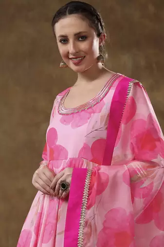 Meraki falak pink floral gotta lace work muslin anarkali with organza dupatta