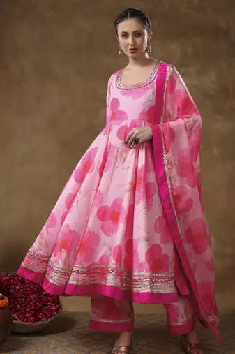 Meraki falak pink floral gotta lace work muslin anarkali with organza dupatta