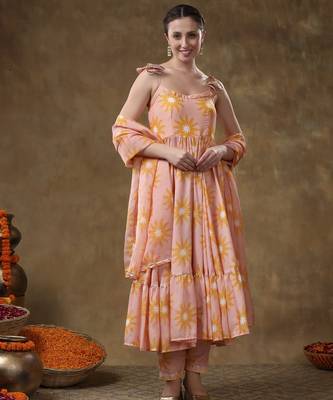 Meraki jannat peach frill muslin anarkali with organza dupatta 1