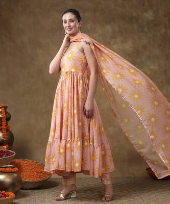 Meraki jannat peach frill muslin anarkali with organza dupatta 2