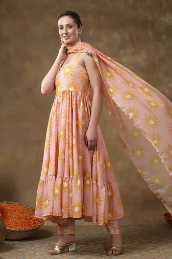Meraki jannat peach frill muslin anarkali with organza dupatta