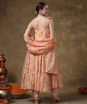 Meraki jannat peach frill muslin anarkali with organza dupatta 3