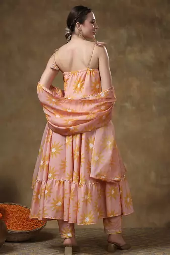 Meraki jannat peach frill muslin anarkali with organza dupatta