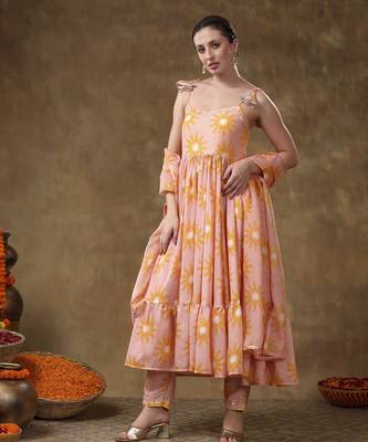 Meraki jannat peach frill muslin anarkali with organza dupatta 4