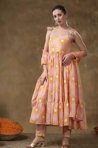 Meraki jannat peach frill muslin anarkali with organza dupatta