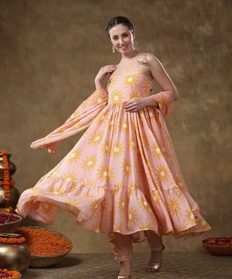 Meraki jannat peach frill muslin anarkali with organza dupatta 5