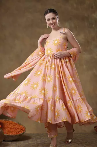 Meraki jannat peach frill muslin anarkali with organza dupatta