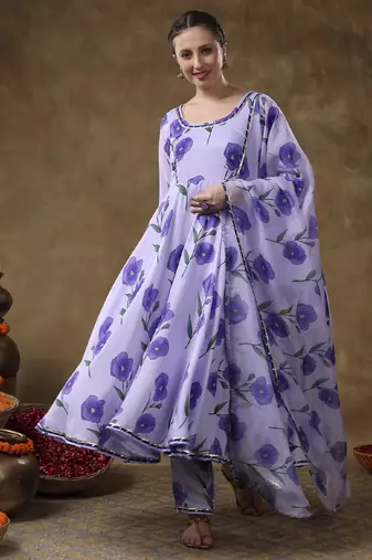 Meraki fida purple muslin anarkali with organza dupatta