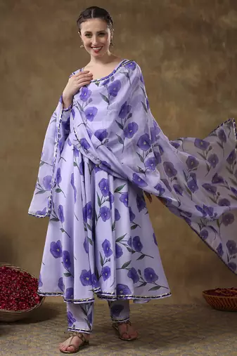 Meraki fida purple muslin anarkali with organza dupatta