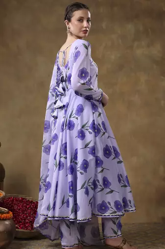 Meraki fida purple muslin anarkali with organza dupatta