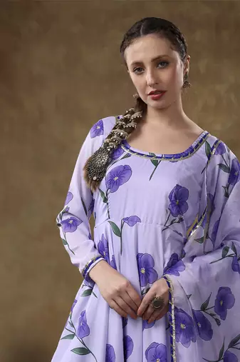 Meraki fida purple muslin anarkali with organza dupatta