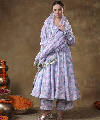 Meraki jiya lavender muslin floral print anarkali set with organza dupatta 1