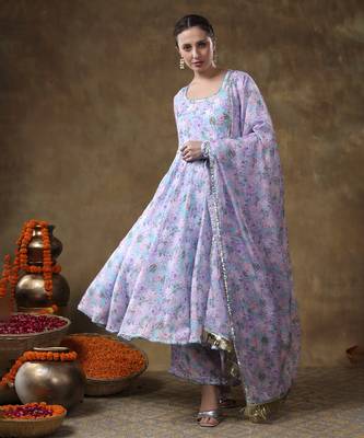 Meraki jiya lavender muslin floral print anarkali set with organza dupatta 2
