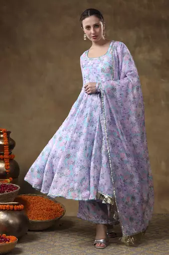 Meraki jiya lavender muslin floral print anarkali set with organza dupatta