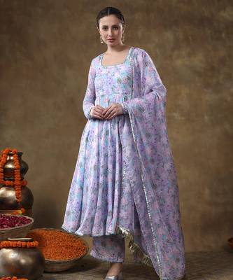 Meraki jiya lavender muslin floral print anarkali set with organza dupatta 3