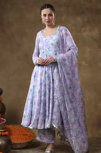 Meraki jiya lavender muslin floral print anarkali set with organza dupatta