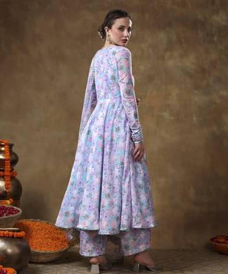 Meraki jiya lavender muslin floral print anarkali set with organza dupatta 4