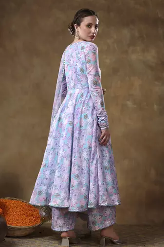Meraki jiya lavender muslin floral print anarkali set with organza dupatta