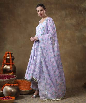 Meraki jiya lavender muslin floral print anarkali set with organza dupatta 5