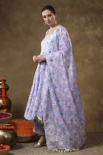Meraki jiya lavender muslin floral print anarkali set with organza dupatta