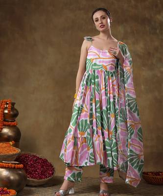 Meraki omera pink floral print frill muslin anarkali with organza dupatta 1