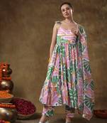 Meraki omera pink floral print frill muslin anarkali with organza dupatta