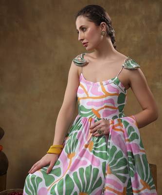 Meraki omera pink floral print frill muslin anarkali with organza dupatta 2