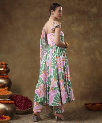 Meraki omera pink floral print frill muslin anarkali with organza dupatta 3