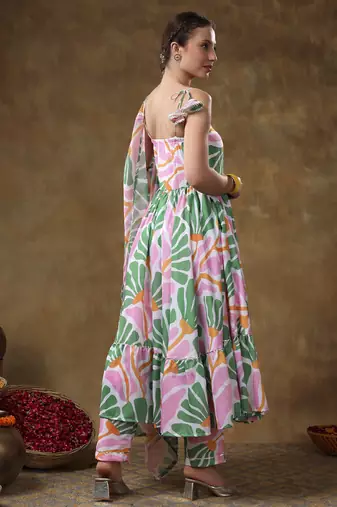 Meraki omera pink floral print frill muslin anarkali with organza dupatta