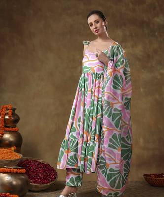 Meraki omera pink floral print frill muslin anarkali with organza dupatta 4