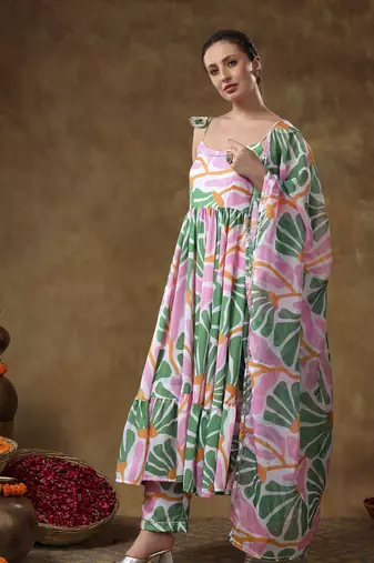 Meraki omera pink floral print frill muslin anarkali with organza dupatta