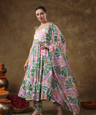 Meraki omera pink floral print frill muslin anarkali with organza dupatta 5
