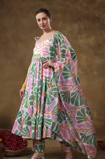 Meraki omera pink floral print frill muslin anarkali with organza dupatta