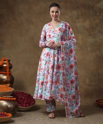 Meraki anam floral print muslin anarkali with organza dupatta 1